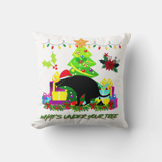 Almofada Funny Christmas Dog Pooping Under the Tree (Frente)