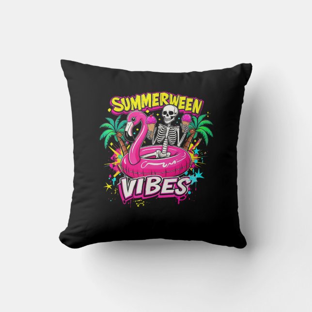 Almofada Funny Skeleton Summerentre Vibes Flamingo Piscina  (Frente)