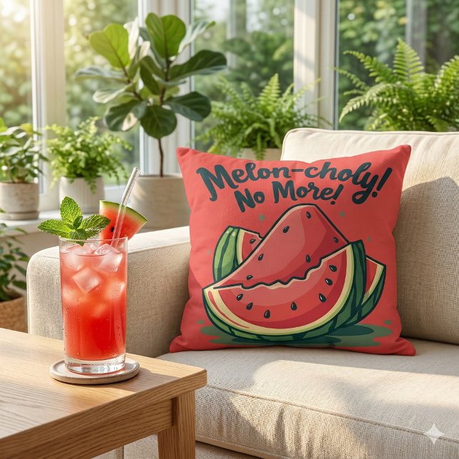 Almofada Funny Watermelon Pun "Melon Choly No More" (Funny Watermelon Pun Melon-choly No More Throw Pillow Mockup A)