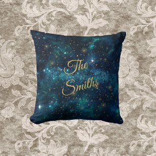 Almofada Galáxia Azul e Dourada de Starry com Nome Monogram