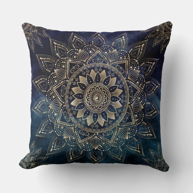 Almofada Galáxia Azul Elegante Dourada Mandala (Frente)
