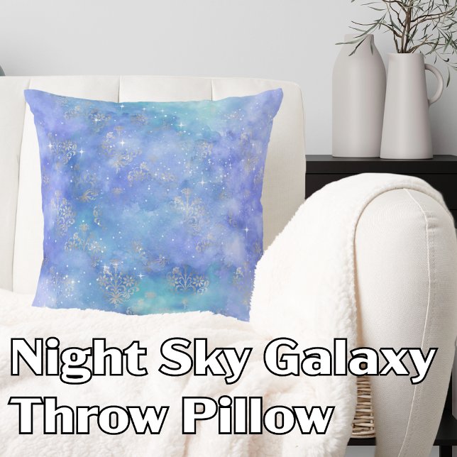 Almofada Galáxia da Célula do Céu Noturno Púrpura Azul Prat (Night Sky Galaxy Purple Blue Silver Groovy abstract Throw Pillow)