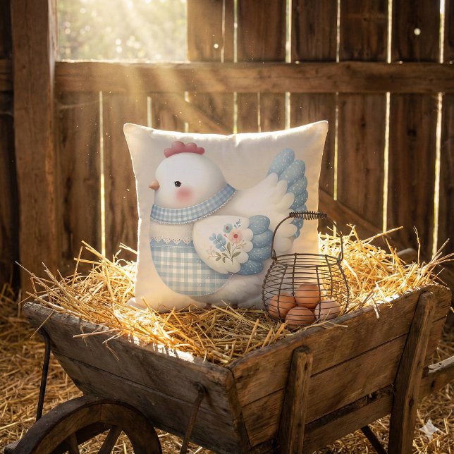Almofada Galinha Cottage Xadrez Azul (Blue Gingham Cottage Hen Throw Pillow Mockup C)