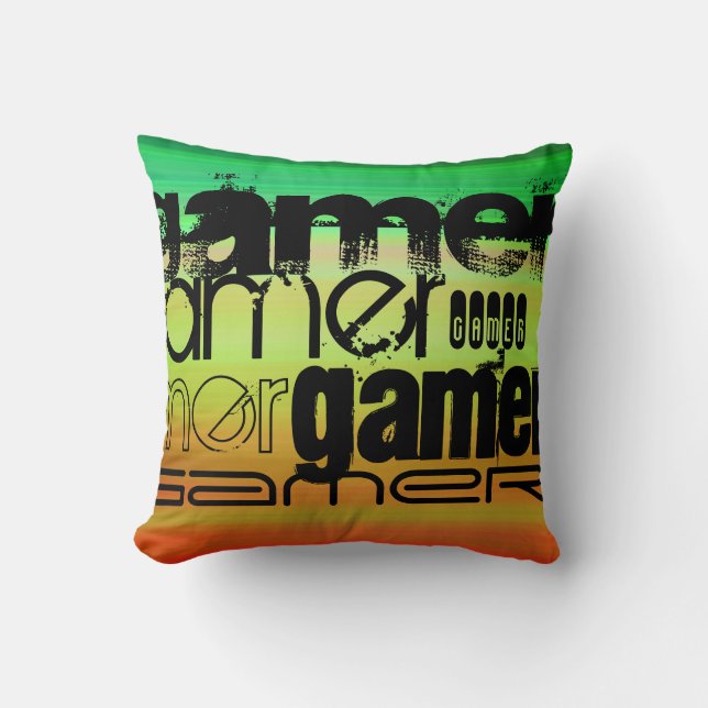 Almofada Gamer; Verde vibrante, Laranja e Amarelo (Frente)