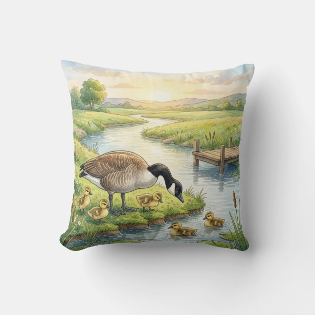 Almofada Ganso Fofo E Bebês Animais do Rio e do Lago  (Frente)