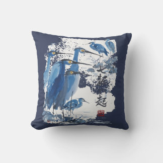Almofada Garça Azul Lavagem a Tinta Japonesa Pássaro Nature