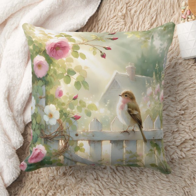 Almofada Garden Rose Bird Watercolor Scene (Cobertor)