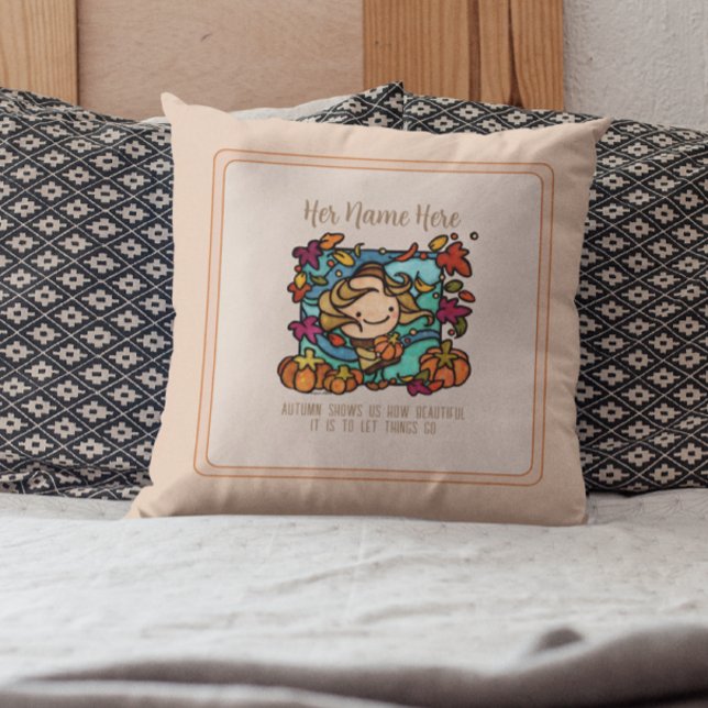 Almofada Garota Bonita Abcando Folhas Decorando Folhas de V (One of a kind and lovely autumn decor that you create)