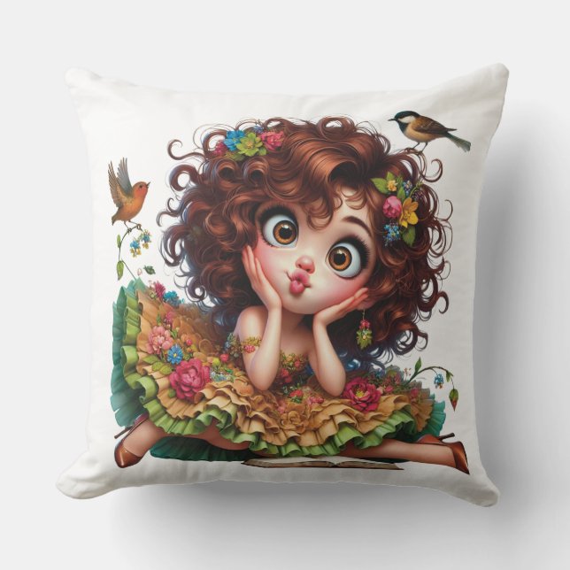 ALMOFADA GAROTA BONITA COM VESTIDO E AVES (Frente)