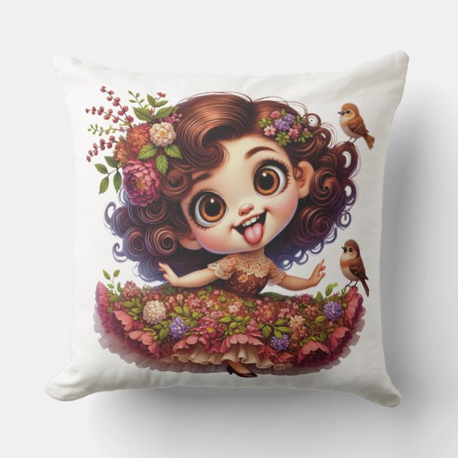 ALMOFADA GAROTA BONITA COM VESTIDO E AVES (Frente)