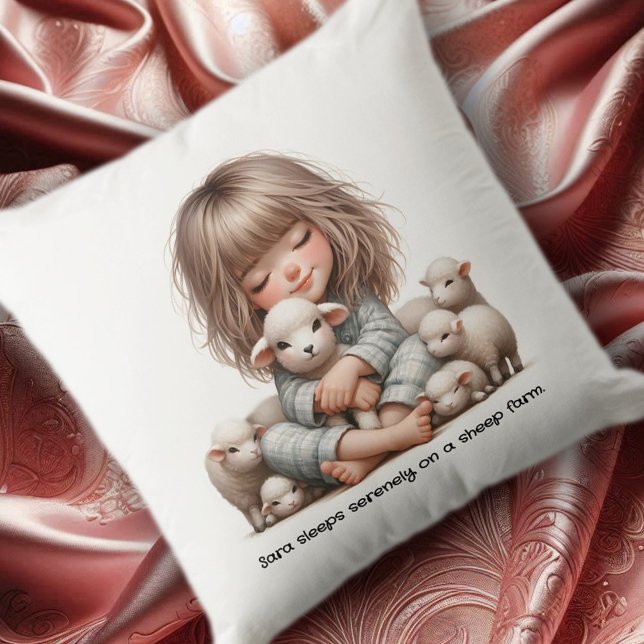 Almofada Garota bonita dormindo em uma Fazenda de ovelha (Cute Girl Cuddles Sheep in Her Sleep Throw Pillow Cover Photo)