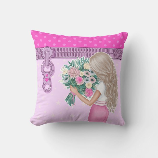 Almofada Garota bonita e rosa Flores elegantes design flora (Frente)