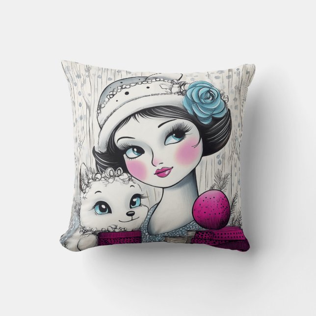 Almofada Garota Brilhante Rosa Brilhante e Jovem Gato (Frente)