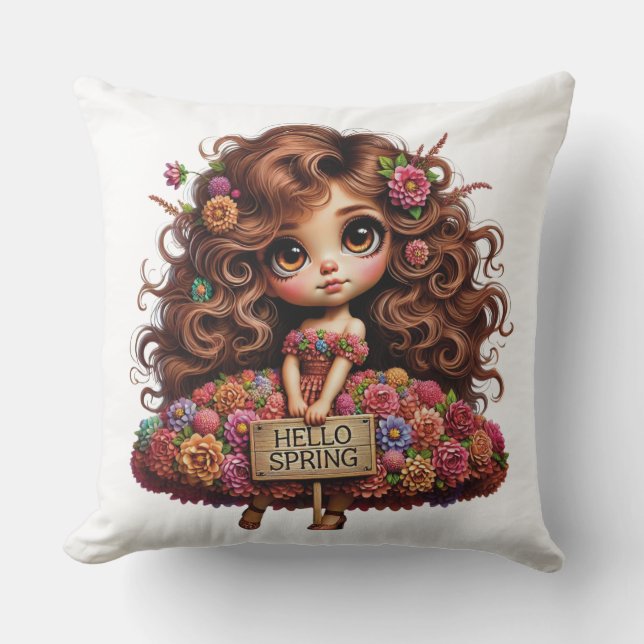 ALMOFADA GAROTA COM CABELO LONGO E VESTIDO FLORAL (Frente)