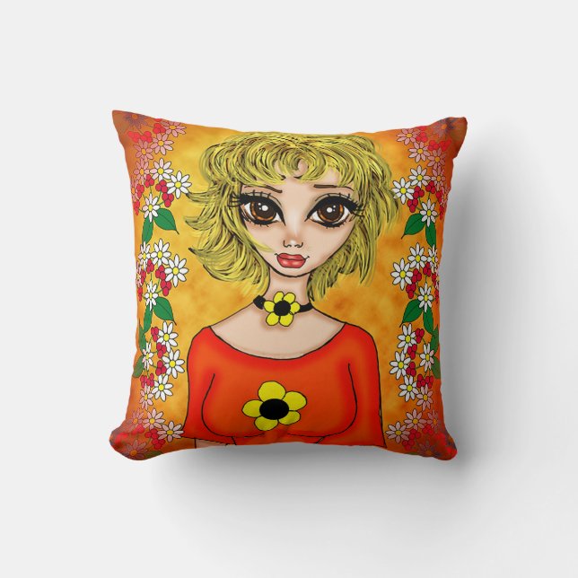 Almofada Garota Com Camisa Laranja E Flor Branco Amarelo (Frente)