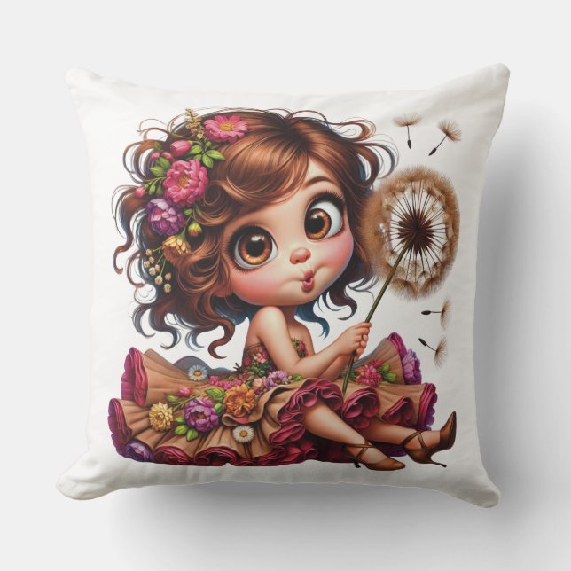 ALMOFADA GAROTA COM DANDELION E VESTIDO FLORAL (Frente)