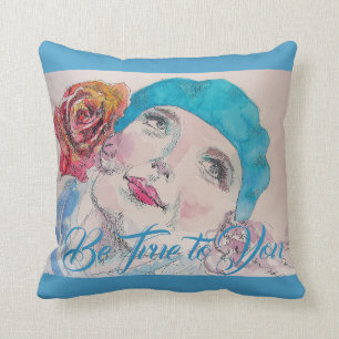 Almofada Garota com Rosa vermelha Beret Watercolor Cushion