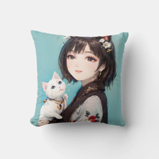 Almofada Garota de Anime com Orelhas de Gato e Gato Branco