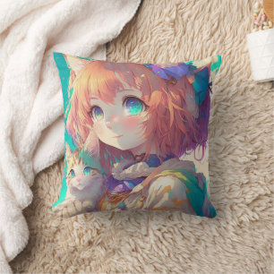 Almofada Garota de Anime Segurando um Adorável Gatinho