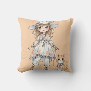 Almofada Garota fashionista passeando com seu gato