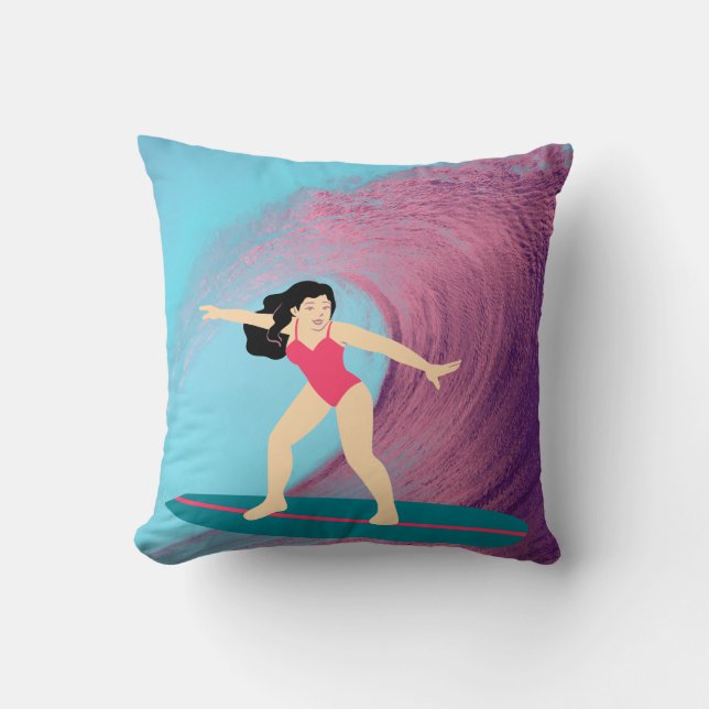 Almofada Garota surfando no pôr do sol. (Frente)