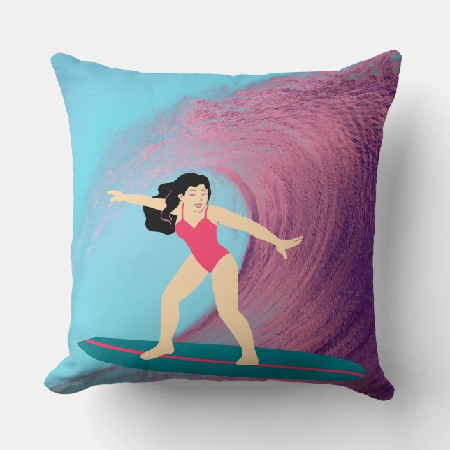 Almofada Garota surfando no pôr do sol. (Frente)