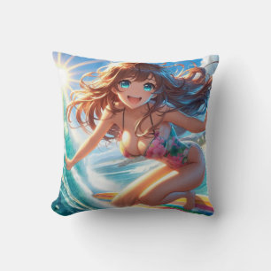 Almofada Garota surfista de anime costeira/náutica/tropical