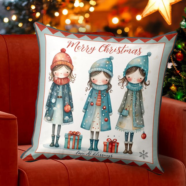 Almofada Garotas bonitas, Travesseiro de Natal Festivo (Christmas Holidays pillow with a cute whimsical design showing 3 girls bringing gifts and blessings)