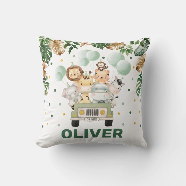 Almofada Garoto Verde Tropical de Animais Safari da Selva (Frente)
