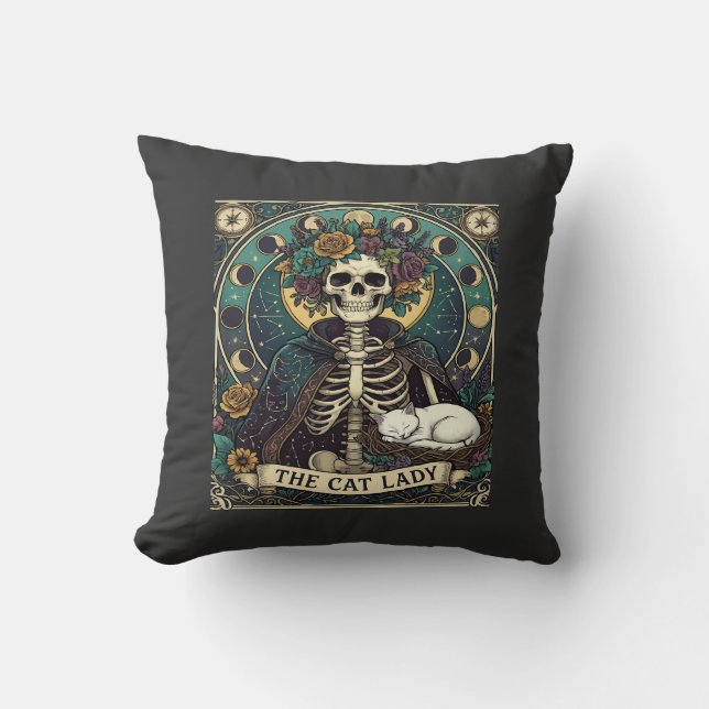 Almofada Gata Senhora Haloween Esqueleto Floral Lua Bússola (Frente)
