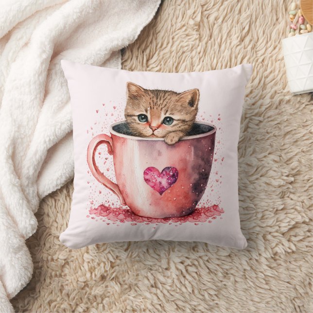 Almofada Gatinho Bonito num Teacup com Corações (Cobertor)