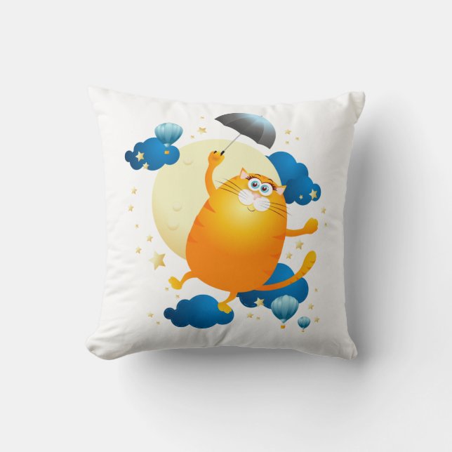 Almofada Gatinho bonito voando com guarda-chuva (Frente)
