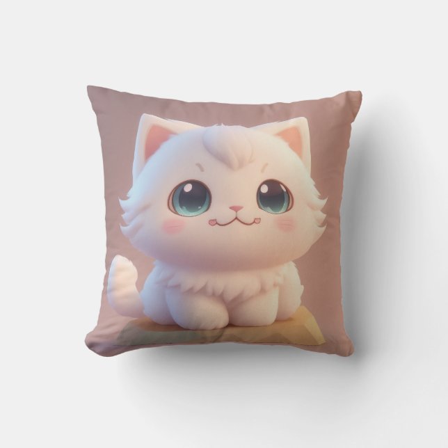 Almofada Gatinho Branco Fofinho de Olhos Grandes (Frente)