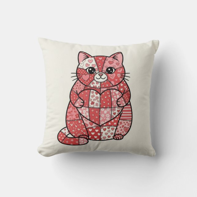 Almofada Gatinho Caprichoso de Patchwork Segurando Coração  (Frente)