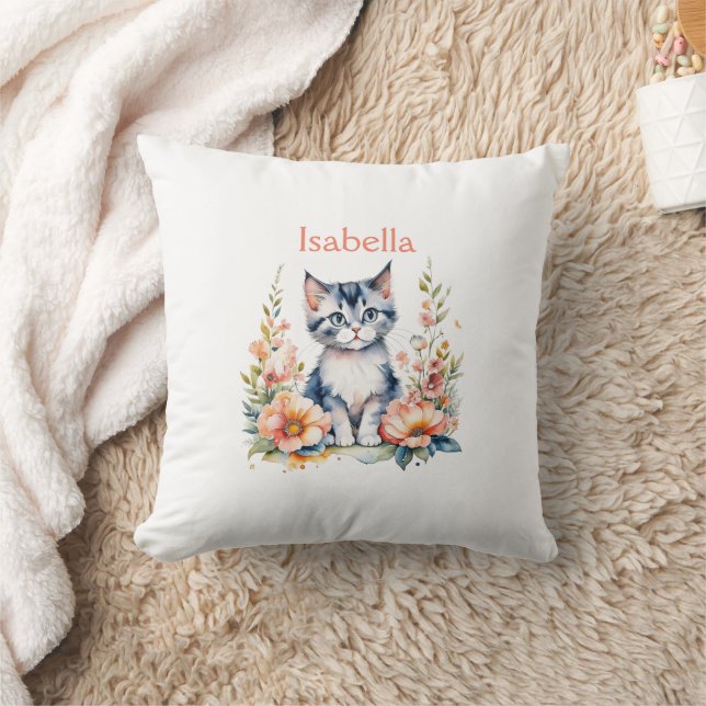 Almofada Gatinho de Cinza Personalizado em Flores Rosa (Cobertor)