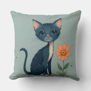 Almofada Gatinho de Desenho Animado em Pé Perto de uma Flor
