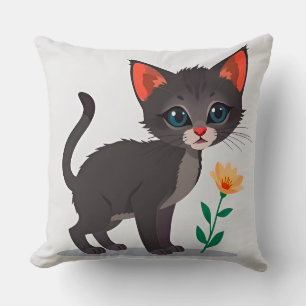 Almofada Gatinho de Desenho Animado em Pé Perto de uma Flor