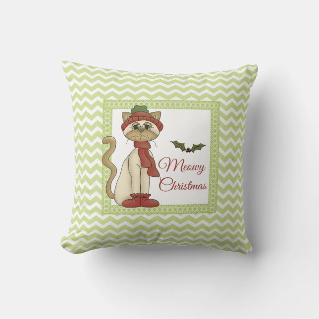 Almofada Gatinho de Natal meowy com fundo de fêmur verde (Frente)