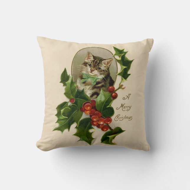 Almofada Gatinho de Natal Vitoriano em Tabby Antigo com Aze (Frente)