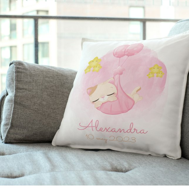 Almofada Gatinho e Design de Balões Cachinhos Personalizado (Personalized Cute Kitten and Balloons Design Throw Pillow)