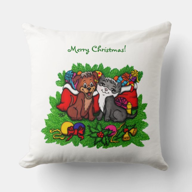 Almofada Gatinho e puppy, XMas feliz (Frente)