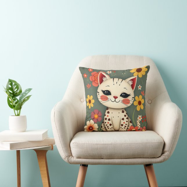 Almofada Gatinho Feliz Manchado com Flores (Cadeira)