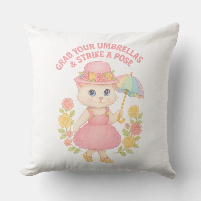 Almofada Gatinho Fofo de Vestido Rosa – Pose de Guarda-Chuv (Frente)