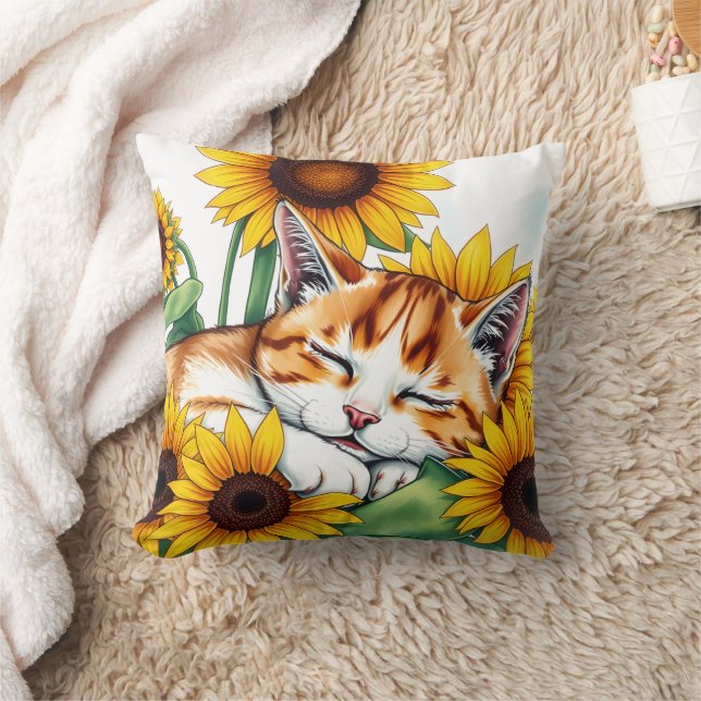 Almofada Gatinho Fofo Dormindo e Girassóis (Cobertor)