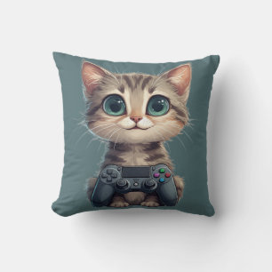 Almofada Gatinho Fofo Segurando Controle de Jogo Gamer Gato