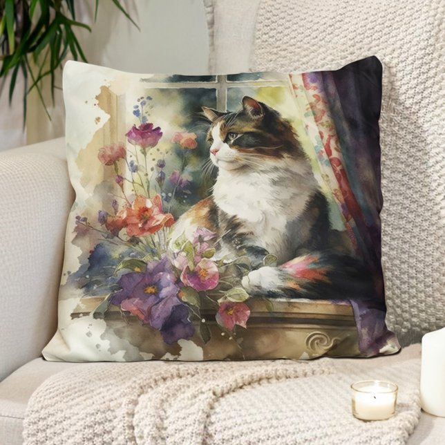 Almofada Gatinho Gato Flores Roxas Janela Luz Solar (Pillow with the watercolor painting of a cat sitting in the sunshine)