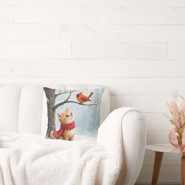 Almofada Gatinho Ginger assistindo um cardeal de inverno (Sofá)