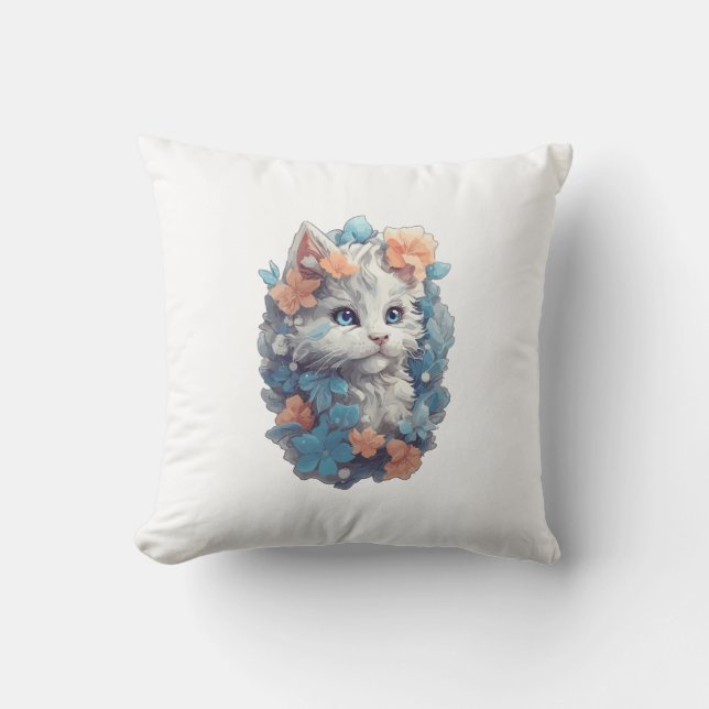 Almofada Gatinho Kitty Floral Branco Fofo (Frente)