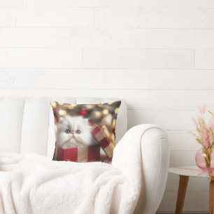Almofada Gatinho Persa de Natal em uma caixa de presentes