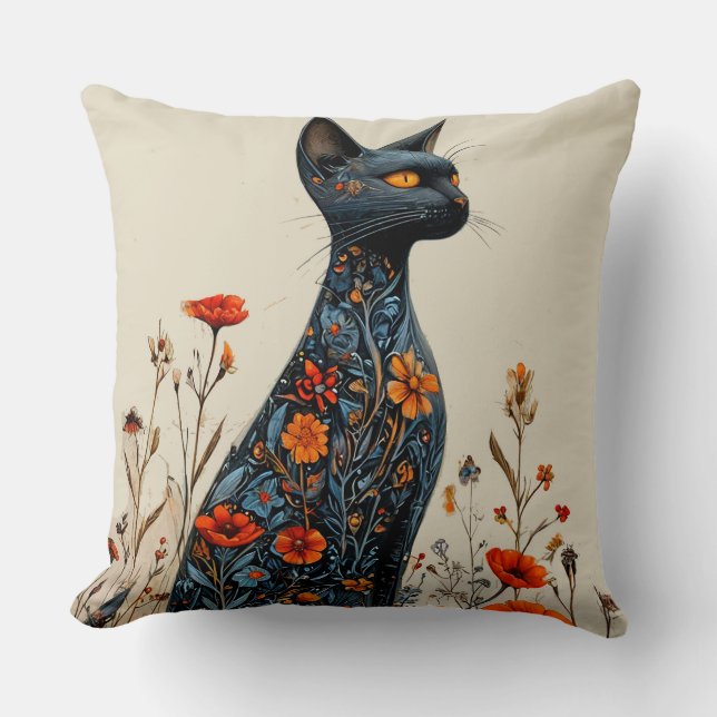 Almofada Gatinho preto adorável e flores (Frente)